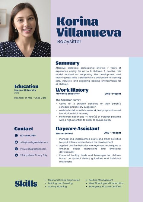 A resume is a personal marketing document that communicates your career objective and value to a hiring company. A strong resume is carefully planned and developed (not quickly typed up) in an appropriate format (style) designed to showcase your experience. Get this free resume template and easy editable Keywords: babysitter, nanny, daycare, helper, resume, CV, formal, header, work, curriculum vitae, personal, profile, portfolio Nanny Profile, Nanny Curriculum, Babysitting Resume, Minimalist Cv Design, Graphic Designer Cv, Babysitter Resume, Basic Resume Examples, Job Application Template, Nanny Life