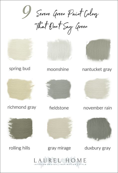 15 Serene Green Paint Colors Not Called Green | Laurel Home Benjamin Moore Historical Colors, Shades Of Gray Paint, Green Grey Paint, Paint Trends, The Color Green, November Rain, Mexican Hat, Gray Paint, Favorite Paint Colors