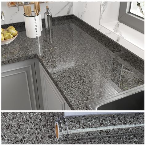 PRICES MAY VARY. 〚Size & Material 〛This dark granite countertop contact paper is 15.7'' wide by 354'' long, covers 38.75 square feet per vinyl roll. Made of high quality vinyl, sturdy, durable, tear-resistant, decent glossy finish, granite stone look 〚Feature 〛Self-adhesive granite contact paper, peel and stick for countertops, does not require extra glue, strong adhesion, waterproof, oil-proof, easy to clean the mess with damp rag, removable without leaving sticky residue behind, safe to the su Peel And Stick Countertops, Peel And Stick Countertop, Grey Marble Wallpaper, Countertops For Kitchen, Marble Contact Paper, Backsplash Wallpaper, Pantry Room, Grey Granite, Bathroom Counters