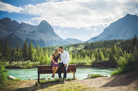 engine bridge canmore engagement session bench kiss Couple On Bench, Mountain Engagement Pictures, Quarry Lake, Lake Engagement, Relationships Goals, Calgary Wedding, Mountain Engagement, Destination Wedding Planning, Amazing Sunsets