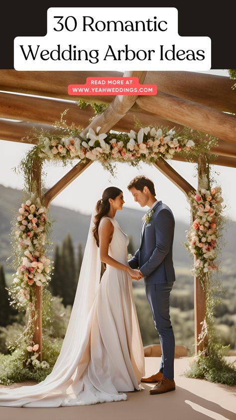 A stunning bride stands beneath a beautifully decorated wedding arbor, featuring rustic wooden arches adorned with flowers and elegant draped fabrics, creating a magical backdrop for the ceremony. Wedding Arbor Ideas Outdoor, Rustic Wedding Arbor Decorations, Wedding Arbor Decorations Diy, Types Of Wedding Arches, Arbor Draping Wedding, Elegant Wedding Arches, Wedding Arches With Flowers And Drapes, Spring Wedding Arch Ideas, Wooden Arch For Wedding