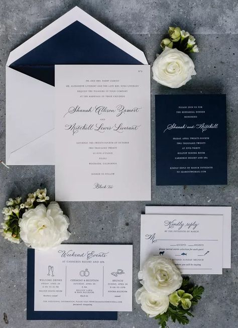 Midnight Navy Wedding, Navy Wedding Accents, Navy Blue Wedding Mood Board, Wedding Inspo Navy Blue, White And Navy Wedding Invitations, Blue Black And Cream Wedding, Navy And Sage Wedding Invitations, Blue Themed Wedding Invitations, Navy Cream Wedding