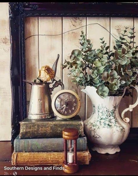 Decorate With Vintage Books, Decorating With Old Books Living Room, Making Books Look Vintage, Vintage China Cabinet Decor, Vintage Book Display Ideas, Antique Vignettes Display, Vintage Vignettes French, How To Display Antiques, Vintage Vignettes Flea Markets