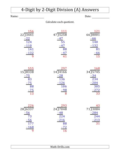 The 4-Digit by 2-Digit Long Division with Remainders and Steps Shown on Answer Key (A) math worksheet page 2 4 Digit By 2 Digit Division, Divide Math Worksheet, Double Digit Division, Division Worksheets Grade 4, Grade 5 Math Worksheets, Long Division Worksheets, Grade 6 Math, Math Drills, Mathematics Worksheets