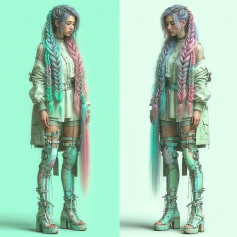 Cyberpunk Vibes #aiart #aiartcommunity #aiartist #aiphotography #cyberpunkstyle #cyberpunk #multicoloured #braids #dalle3 #aiartofinstagram #generativeart #visualart #digitalart #digitalphotography #scifi #aifashion #aifashionphotography Cyberpunk Fashion Concept Art, Cyberpunk Cosplay Female, Cyberpunk Girl Outfit, Cyberpunk Dj, Space Outfit Aesthetic, Cyberpunk Outfit Aesthetic, Cyberpunk Aesthetic Outfit, Cyberpunk Hairstyles, Scifi Outfit