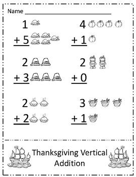 Thanksgiving Vertical Addition - Practice solving addition using pictures Vertical Addition, Addition Practice, Thanksgiving Week, Thanksgiving Math, Kindergarten Ideas, Kids Study, Kindergarten Worksheets, Teacher Store, Teachers Pay Teachers