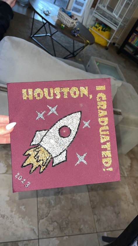 #graduation #space #rocket #engineering Aerospace Engineering Graduation Cap, Space Themed Graduation Cap, Space Graduation Theme, Space Graduation Cap, Engineering Graduation Cap, Rocket Engineering, Engineering Graduation, Cap Quotes, Engineer Girl