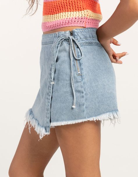 Cute Jean Skirts, Cute Denim Skirt, Asymmetrical Skort, Jean Skort, Flannel Sweatshirt, Denim Skort, Womens Denim, Open Knit Sweater, Cargo Skirt