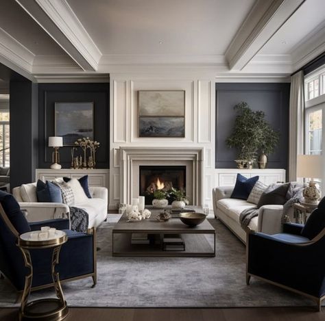 Home Interior Design Classic, Blues And Beige Living Room, Transition Style Living Room, Formal Lounge Room Ideas Interior Design, Ritz Carlton Interior Design, Modern Manor Interior, Bold Transitional Living Room, Timeless Modern Living Room, Great Room Inspiration