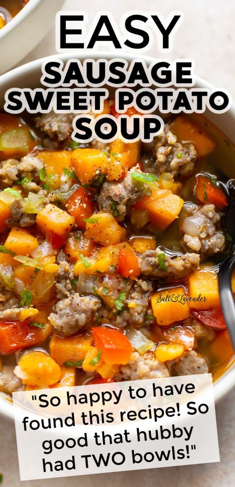 Easy Potato Soup With Hashbrowns, Soup With Hashbrowns, Sausage Sweet Potato Soup, Sausage And Sweet Potato Soup, Potato Soup With Hashbrowns, Sausage Sweet Potato Recipes, Sausage And Sweet Potato, Sausage Sweet Potato, Potato Sausage