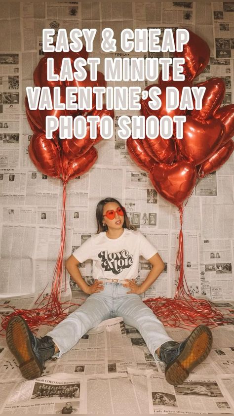 Fun Easy Photoshoot Ideas, Anti Valentines Photoshoot Ideas, Valentines Day Decorations Photoshoot, Valentine Days Photoshoot, Valentine Day Picture Ideas, Newspaper Valentines Backdrop, Photoshoot Ideas For Valentines Day, Valentine’s Day Diy Photoshoot, Valentine’s Day Backdrop Photoshoot