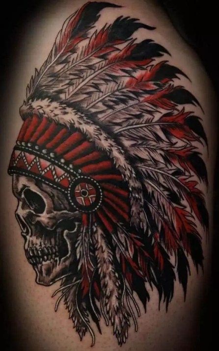 Skull Headress Tattoos, Skeleton Indian Tattoo, American Traditional Army Tattoos, Indian Skull Tattoos Warriors, Indian Skull Tattoo Design, Outlaw Tattoos For Men, Country Tattoos For Guys, Skull Tattoo Meaning, Indian Headdress Tattoo