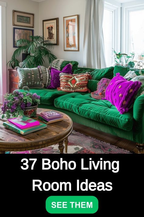 Explore a curated list of 37 inspirational Boho living room ideas to elevate your home decor. From cozy textiles to eclectic patterns, discover unique ways to incorporate the Bohemian style into your living space. Whether you're looking for bold colors or natural elements, these ideas will inspire you to create a stylish and inviting atmosphere in your home. Browse the photos for design inspiration and transform your living room into a bohemian oasis that reflects your personal style effortlessl Ecletic Decoration Living Room, Eclectic Bohemian Living Room, Colorful Boho Living Room, Living Room Hippie, Jewel Tone Living Room, Bohemian Chic Living Room, Hippie Living Room, Bohemian Style Interior Design, Cozy Textiles