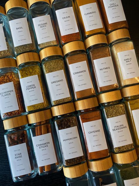 Organized spices #spices #spicejars Organized Spices, Cajun Chili, Spice Aesthetic, Dried Spices, Snacks Packaging, Spices Packaging, Premium Spices, Spice Market, Kitchen Wares