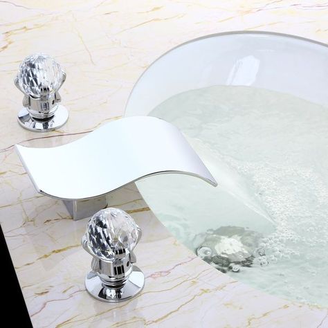 Deck Mount Widespread Waterfall 2 Crystal Handle Bathroom Sink Faucet Solid Brass Bathroom Sink Faucets Modern, Bathroom Sink Faucets Chrome, Modern Deck, Bathroom Faucets Waterfall, Bathroom Sink Taps, Modern Bathroom Sink, Single Handle Bathroom Faucet, Waterfall Faucet, Chrome Bathroom