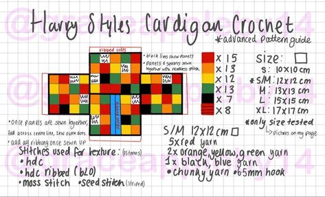 Harry styles JW anderson cardigan crochet pattern guide, notes to help you recreate this cardigan. More pictures on my page! This is a more advanced pattern as it is inly a guide. Mesage me on instagram with any questions! Crochetgrace_ Harry Styles Crochet Cardigan Pattern, Harry Styles Cardigan Pattern, Crochet Harry Styles Cardigan, Harry Styles Crochet Cardigan, Harry Cardigan, Jw Anderson Cardigan, Cardigan Harry Styles, Harry Styles Cardigan, Addi Express