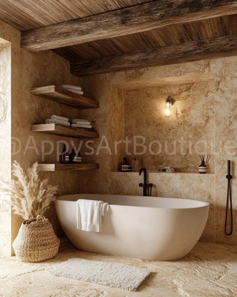 This rustic travertine marble bathroom, featuring wooden beams and shelves, combines natural elegance with timeless charm. Bathroom Remodel Italian, Natural Colour Bathroom, Natural Stone Bathrooms, Bathroom Italian Style, Italian Villa Bathroom, Tuscan Modern Interior Design, Bali Bathroom Interior Design, Bathroom Ideas Wooden, Bathroom Remodel Brown Tones