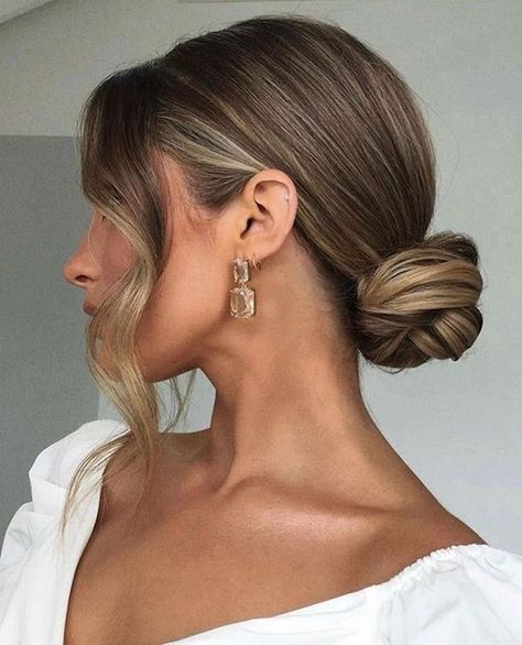 Tied Hairstyle For Wedding, Bussines Woman Hairstyles, Brunette Low Bun Wedding, Wedding Guest Hair Brunette, Wedding Guest Hairstyles Low Bun, Slick Updo Hairstyles Wedding, Wedding Hair For Windy Day, Low Bun Party Hairstyles, Formal Event Hairstyles For Medium Length Hair