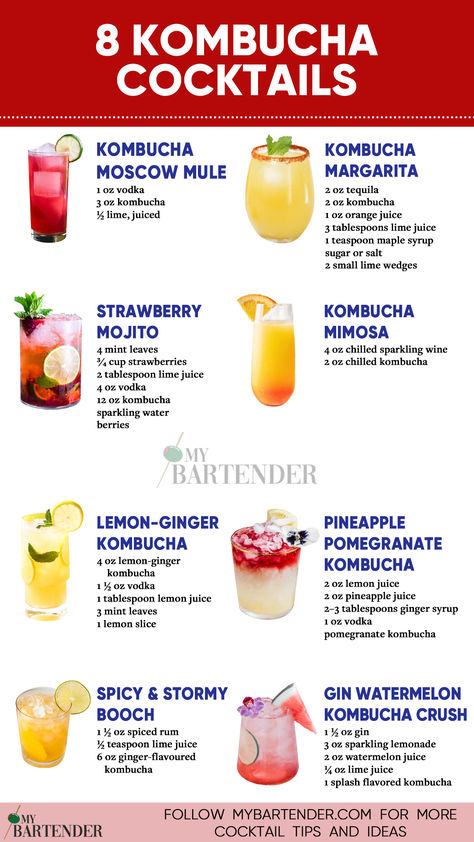 Kombucha Cocktails Kombucha Cocktail Recipes, Kombucha Mocktail Recipe, Spritzer Cocktails, Kombucha Mocktail, Best Kombucha, Diy Cocktail Recipes, Healthy Cocktail Recipes, Kombucha Drink, Kombucha Cocktail