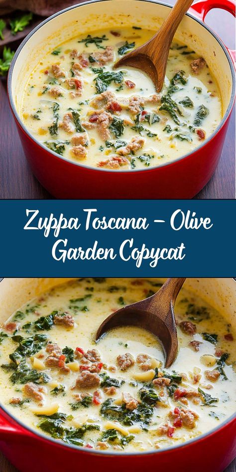 Zuppa Toscana is a creamy, flavorful soup made with Italian sausage, potatoes, kale, and a touch of cream. This copycat recipe brings the taste of Olive Garden to your kitchen—perfect for cozy nights or a hearty family dinner. Olive Garden Potato Soup, Olive Garden Tuscan Soup, Toscana Garden, Zuppa Toscana Soup Olive Garden, Olive Garden Soup, Zuppa Soup, Olive Garden Soups, Garden Soup, Olive Garden Zuppa Toscana