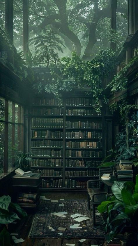 Forest Aesthetic Room Decor, Green Academia Aesthetic Wallpaper, Green Castle Aesthetic, Green Academia Wallpaper, Dark Academia Green Aesthetic, Dark Green Academia Aesthetic, Overgrown Library, Library Forest, Green Academia Aesthetic