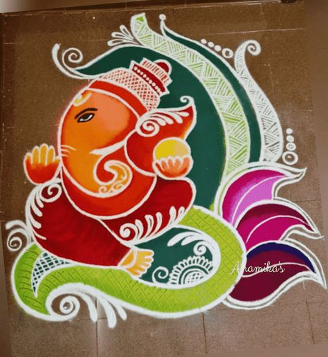 Lambodara Rangoli Design Images (Lambodara Rangoli Kolam Ideas) - 2022 Rangoli Designs Latest New Year, Ganesh Ji Rangoli Design, Women Rangoli, Rangoli Inspiration, Big Rangoli Designs Creativity, Rainbow Rangoli, Sankranthi Rangoli, Ganesh Rangoli, Ganesha Rangoli