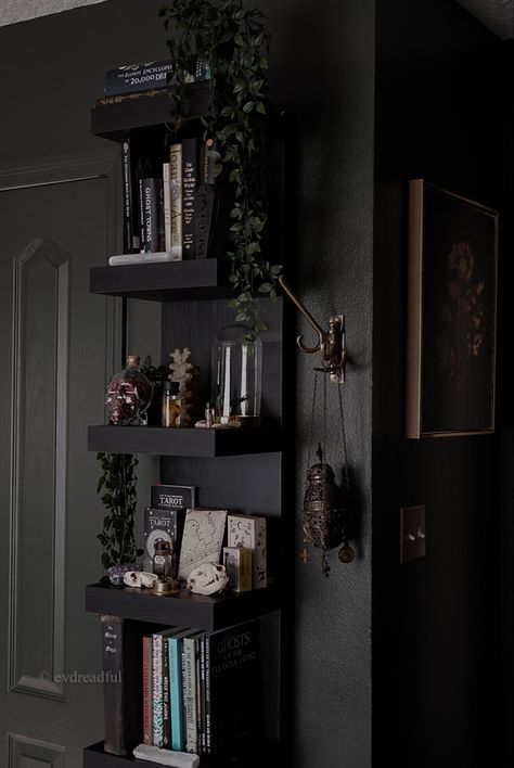 Goth Aesthetic Interior, Oddities Room Aesthetic, Chic Gothic Decor, Black Aesthetic Office, Gothic Reading Corner, Black Vintage Room Aesthetic, Goth Home Aesthetic Modern, Home Decor Ideas Dark Academia, Corporate Goth Office Decor