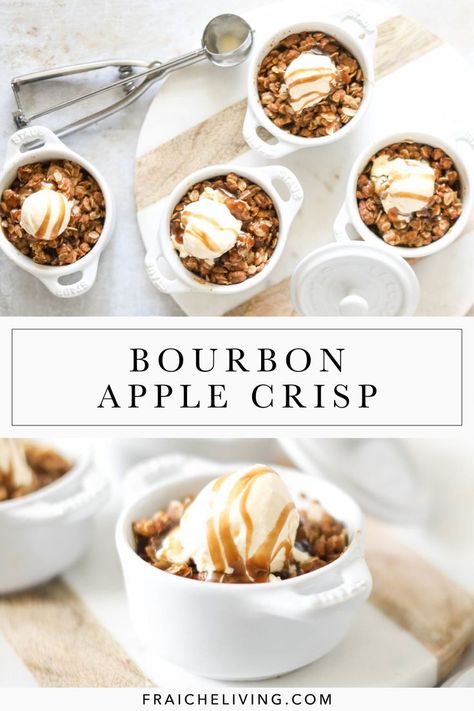 Bourbon Apple Crisp Recipe, Apple Whiskey Desserts, Dessert Recipes With Bourbon, Christmas Apple Crisp, Apple Bourbon Dessert, Whiskey Baked Goods, Dessert With Bourbon, Whiskey Infused Desserts, Bourbon Cream Cheesecake