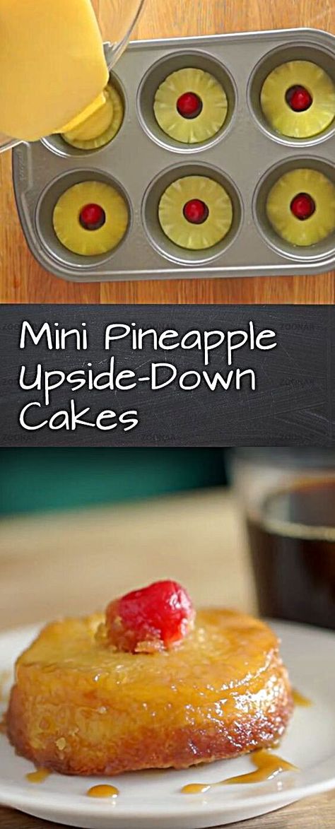 There's something about seeing pineapple rings and cherries that makes people smile. Making these in a muffin tin is the perfect way to create little servings. Mini Pineapple Upside-Down Cakes - Pineapple Upside Down Cake - Great dessert for a crowd. This would be a fun dessert to make with my kids! #sharethesunshine #recipesfordad #recipesoftheday #recipesharing #foodyhanoi #fooddiaries #foodilysm #foodpics #recipealbum #recipeforchange #foodforfuel #foodgood #food52 #recipeinspiration #foodfes Pineapple Upside Down Cakes, Mini Pineapple Upside Down Cakes, Upside Down Cakes, Dessert Mini, Cake Mini, Torte Cupcake, Muffin Tin Recipes, Pineapple Upside Down Cake, Pineapple Upside