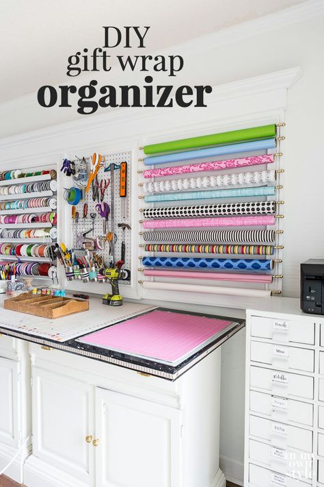 How to decoratively organize and store gift wrap in a craft room or on the back of a door. #giftwrap #giftwraporganizing #rollsofgiftwrap #storinggiftwrap #craftroomideas Gift Wrap Room Ideas, Gift Wrapping Stations Ideas, Craft Room Wrapping Station, Wrapping Room Organization, Wrapping Paper Organization Station, Gift Wrapping Station Diy, Wrapping Room Ideas, Door Mat Storage Ideas, Gift Wrapping Room Ideas