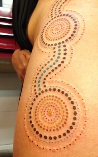 Tattoos by Tatu-Lu (Tattoo Lou) in the heart of Mullumbimby, NSW Australia. Dotted Tattoo, Aboriginal Tattoo, Australia Tattoo, Lower Arm Tattoos, Australian Tattoo, Indigenous Australian Art, Aboriginal Dot Art, Dotwork Tattoo, Red Ink Tattoos