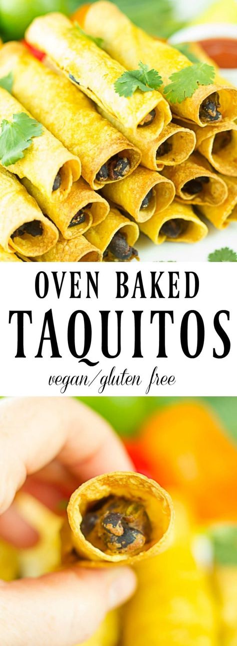 Oven Baked Taquitos with a creamy black bean filling! #vegan #glutenfree Oven Baked Taquitos, Black Bean Taquitos, Bean Taquitos, Baked Taquitos, Taquitos Recipe, Vegan Mexican Recipes, Healthy Vegan Snacks, Vegan Mexican, Vegan Appetizers