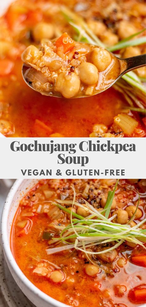 This Gochujang Chickpea Soup is quick to make, but loaded with lots of warming savory flavors. Comes together in 30 minutes and packed with satisfying protein and fiber. Vegan Veggie Recipes, Chickpea Soup Vegan, Gochujang Chickpeas, Vegan Soups And Stews, Soup Protein, Protein Soup, Chickpea Soup, Vegan Soup Recipes, Vegan Soups