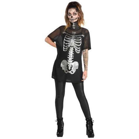 Cheap Halloween Character Print Tops, Cheap Women's Halloween Tank Top, Silver Skeleton Costume, Cheap Rocker T-shirt For Halloween, Cheap Halloween Tops With Character Print, Cheap Women's Halloween Shirt, Cheap Halloween Tops With Front Print, Cheap Rocker Style Halloween T-shirt, Cheap Long Sleeve T-shirt For Costume Party