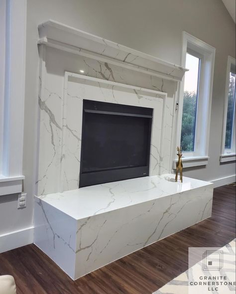 White Quartz Fireplace, Quartz Fireplace Wall, Quartz Fireplace Surround, Fireplace Quartz, Quartz Fireplace, Calacatta Laza, Contemporary Fireplace Designs, Blue Mary, White Mantel