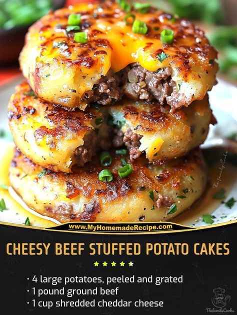 Last Minute Recipes, Stuffed Potato Cakes, Meals And Munchies, Stuffed Potato, Steak And Ale, Best Burger Recipe, Shredded Cheddar Cheese, Potato Cakes, Burger Recipes