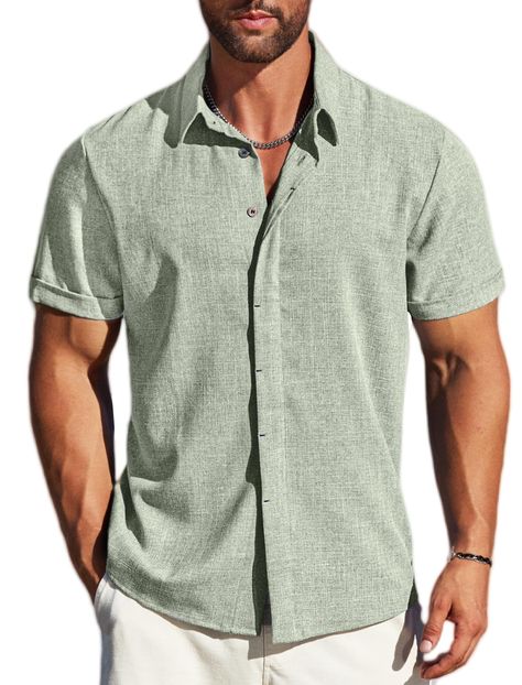 PRICES MAY VARY. 【Soft Material】Match your summer style with our men's casual button down shirt! Our men's casual shirts are made of rayon and linen. Breathable and comfortable. It's perfect for casual outings or beach vacations. 【Stylish Design】Mens beach linen shirts feature button-down closure, short sleeves, and a relaxed fit design for a casual look. Men's summer short sleeve shirt are casual and elegance, perfect for enjoying sunny days with ease and style. 【Easy Match】 Our men's cruise sh Green Shirt Men, Green Short Sleeve Dress, Mens Beach Shirts, Stylish Shirts Men, Mens Beach, Island Wear, Stylish Men Casual, Mens Shorts Summer, Shirt Business