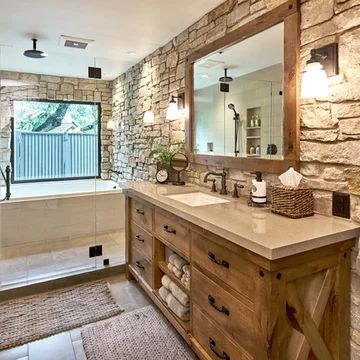 Mountain House Bathroom, Rustic Master Bath, Master Bath Vanity, House Bathrooms, Cabin Bathrooms, Rustic Bathroom Designs, Bathroom Farmhouse Style, Rustic Bathrooms, Rustic Bathroom