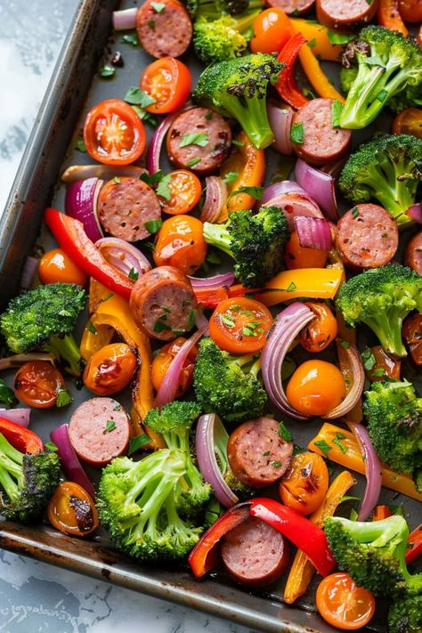 Sheet Pan Sausage and Veggies - Insanely Good Pan Sheet Sausage And Veggies, Steak Tips Sheet Pan Dinner, Sausage One Sheet Pan, Veggie Sausage Sheet Pan, Chicken And Feta Sausage Recipes, One Sheet Pan Sausage And Veggies, Sheet Pan Polish Sausage And Veggies, One Sheet Sausage And Veggies, Family Sheet Pan Dinners