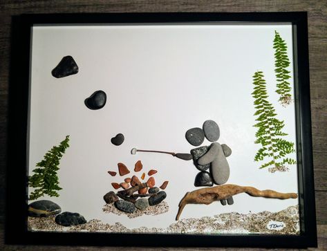 Camping Pebble Art, Couple Pebble Art, Pebble Art Camping, Pebble Art Beach Scene, Rock Pictures Diy Pebble Art, Painting For Girlfriend, Rock Art Pictures, Pebble Art Beach, Acrylic Painting Rocks