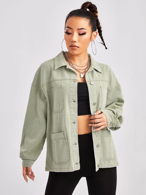 Mint Green Jacket Outfit, Green Denim Jacket Outfits, Green Jacket Outfit, Mint Green Jeans, Overshirt Women, Mint Green Jacket, Green Jean Jacket, Green Denim Jacket, Jean Jacket Outfits