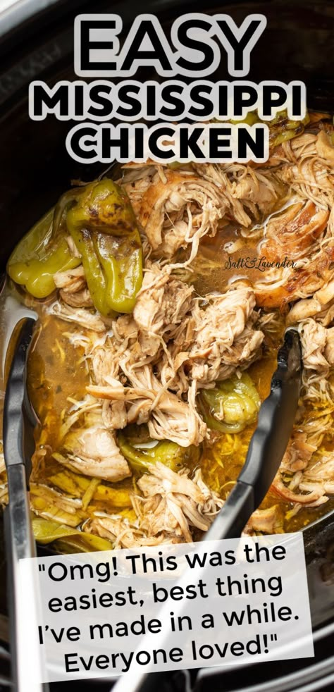 a slow cooker with chicken in sauce and serving tongs and text overlay that reads easy Mississippi chicken - "Omg! This was the easiest, best thing I’ve made in a while. Everyone loved!" Tender Shredded Chicken, Mississippi Chicken, Chicken Crockpot Recipes Easy, Easy Crockpot Dinners, Shredded Chicken Recipes, Chicken Dish, Crockpot Dishes, Crockpot Recipes Slow Cooker, Dinner Recipes Crockpot