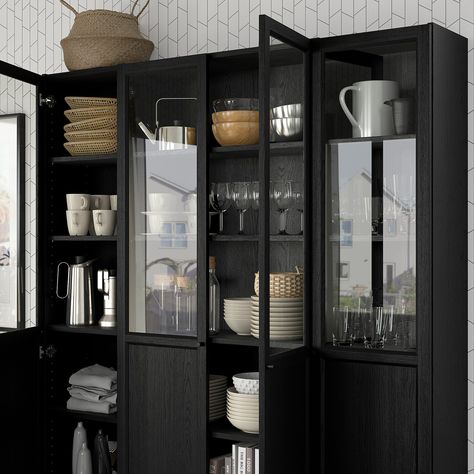 Ikea Glass Cabinet Dining Room, All Black Office, Ikea Billy Oxberg, Billy Bookcase With Doors, Billy Oxberg Bookcase, Oxberg Bookcase, Billy Oxberg, Billy Ikea, Billy Regal