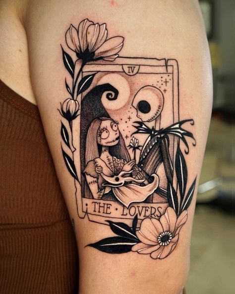 The Lovers Jack And Sally Tattoo, Tarot Card Tattoo Ideas, Card Tattoo Ideas, Aura Tattoos, Tattoo Nightmares, Jack Skellington Tattoo, Tim Burton Tattoo, Jack Tattoo, Lovers Tarot Card