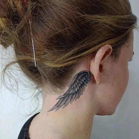 Ynwa Tattoo, Wing Neck Tattoo, Behind Ear Tattoo Small, Small Angel Tattoo, Small Angel Wing Tattoo, Tattoo Jellyfish, Angel Tattoo For Women, Tattoo Christian, Tattoo Jesus