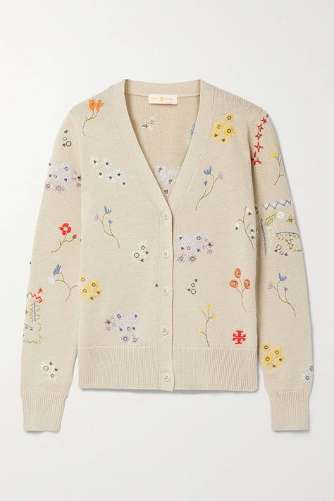 Wildflower Embroidery, Tory Burch Outfits, City Outfits, Beige Cardigan, Cotton Cardigan, Hem Style, Knitwear Cardigan, Knit Fashion, Crochet Cardigan