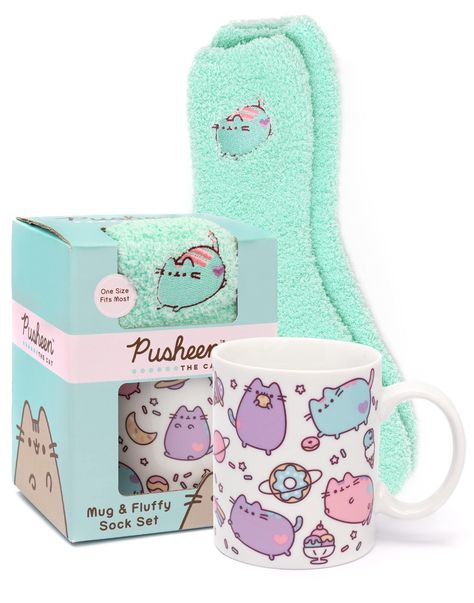 PRICES MAY VARY. PUSHEEN THE CAT CHARACTER MUG & FLUFFY SOCKS GIFT SET– If you know someone who loves the animated grey tabby cat then this pastel Pusheen mug and fluffy socks set is the perfect gift for Mothers Day, Christmas and Daughters or friends birthdays! 11 OZ CARTOON CAT INSPIRED MUG & ONE SIZE SLIPPERS - The white and pastel mug can hold up to 11 oz of their favourite hot or cold drink of choice, awesome for having an energizing coffee, tea or hot chocolate break! CERAMIC PINK & BLUE M Pusheen Slippers, Pusheen Merchandise, Cat Cup, Grey Tabby, Sock Set, Pusheen Cat, Fluffy Socks, Socks Gift, Green Mugs