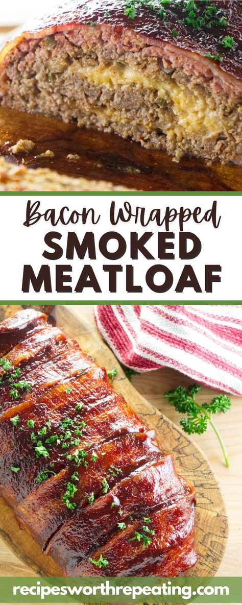 Looking for an amazing meatloaf recipe? This smoked bacon wrapped meatloaf is packed with flavor and sure to please. The cheese stuffing makes it extra delicious, while the Kansas City-style BBQ sauce adds a touch of sweetness. Best of all, this recipe can be cooked in the smoker for 4 hours. Give it a try today! Bbq Bacon Meatloaf, Amazing Meatloaf, Smoked Meatloaf Recipe, Bacon Wrapped Cheese, Traeger Cooking, Bacon Meatloaf, Cheese Stuffed Meatloaf, Bacon Wrapped Meatloaf, Smoked Meatloaf