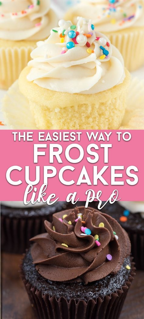 Learn how to frost cupcakes like a pro! This easy method for frosting cupcakes turns out gorgeous every time no matter what kind of frosting you use! How To Frost Cupcakes Like A Pro, Which Piping Tip Does What, How To Decorate Cupcakes Easy, Frost Cupcakes Techniques, Decorate Cupcakes Easy, How To Decorate Cupcakes Like A Pro, Best Frosting For Piping, Easy Way To Frost Cupcakes, How To Decorate Cupcakes With Frosting