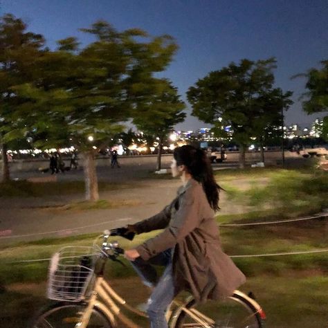 City Lights, At Night, A Woman, Walking, Bike